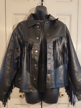 Black Fringe Faux Leather Jacket - Women’s Size: Small - New With Tags